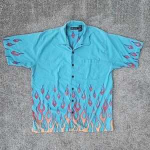 Vintage No Boundaries Flame Button Up Teal Blue Fire Bowler Hawaiian Shirt XL